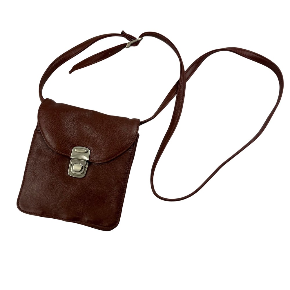 Soho Design Group Brown Leather Crossbody‎ Flap Phone Bag Minimal Indie Silver